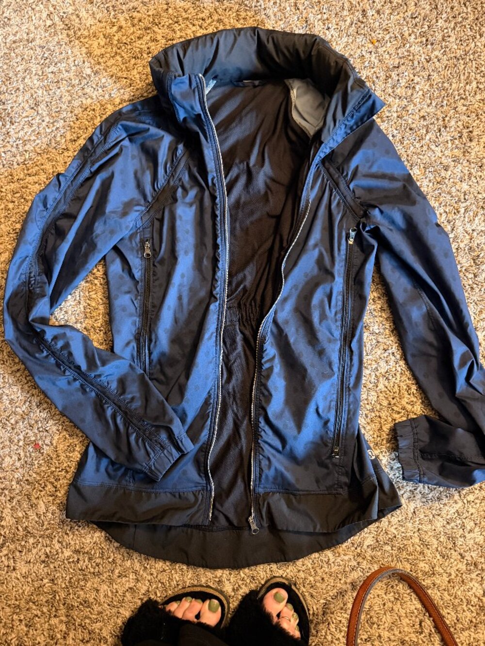 Lululemon Athletica Lightweight, Navy Blue and Black Polka Dot Raincoat